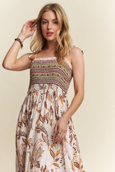 ADORA Smocked Printed Square Neck Tie Shoulder Cami Dress OutfitFlow